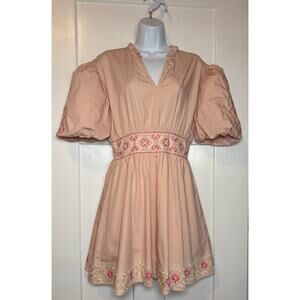 Karlie Dress Womens‎ LARGE Poplin Puff Sleeve Peach Floral Cotton